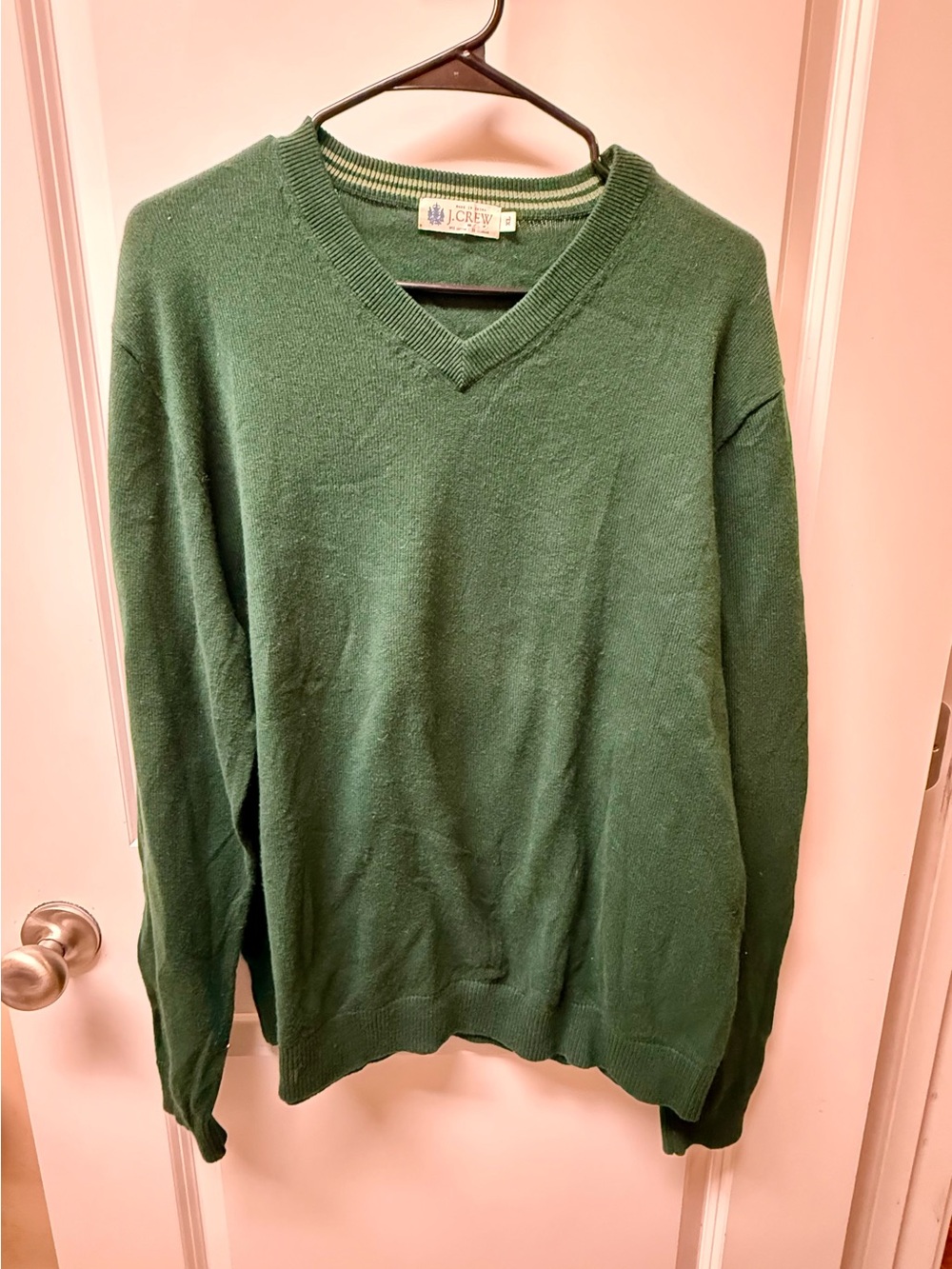 J.Crew Men’s Green Cotton Cashmere V-Neck Sweater Size XL